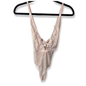 FOREVER 21 - PINK & WHITE ZEBRA MESH THONG BODYSUIT WITH CROSS BACK